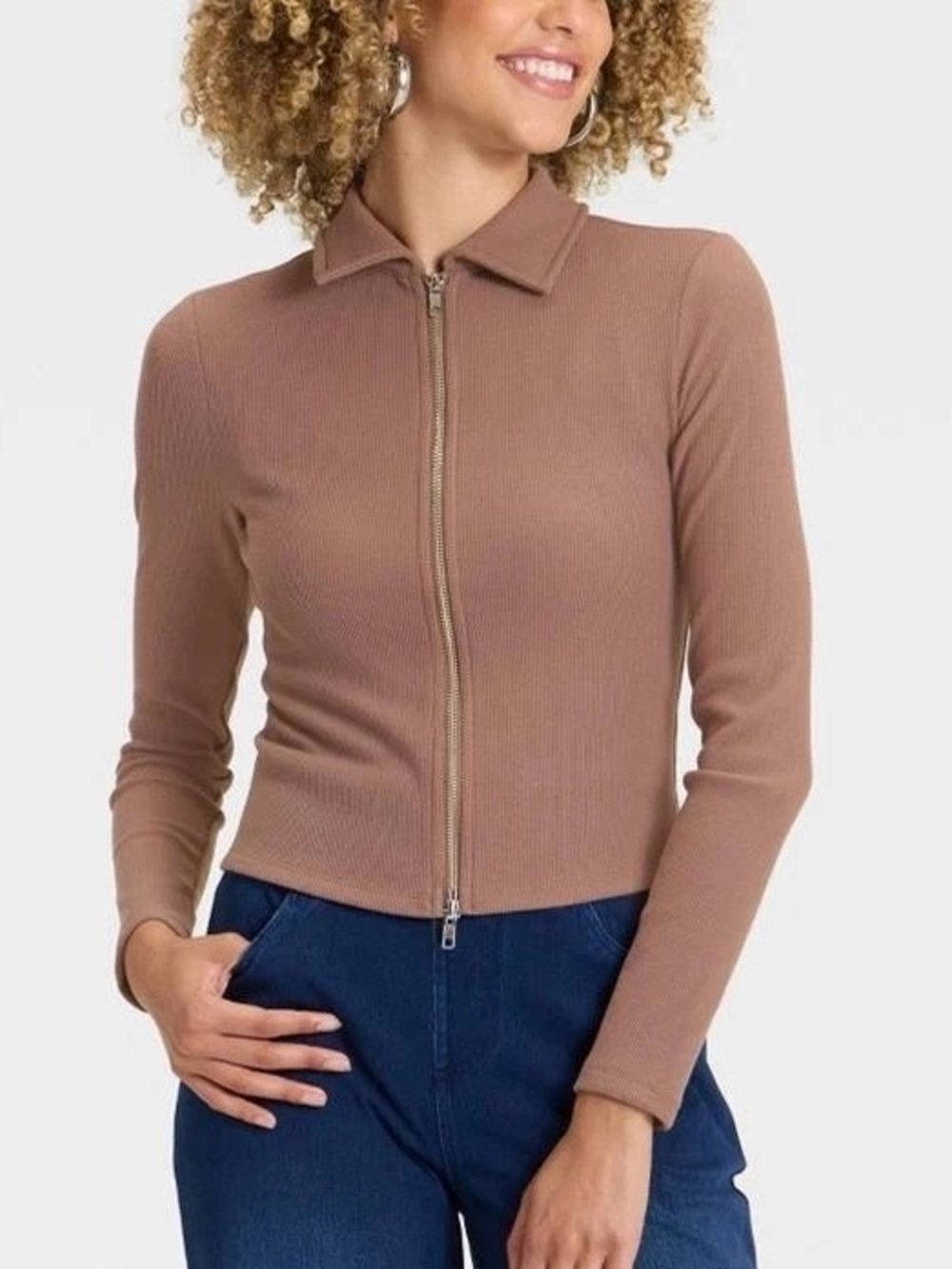A New Say -  Brown Zip-Up Ribbed Jacket Size XS